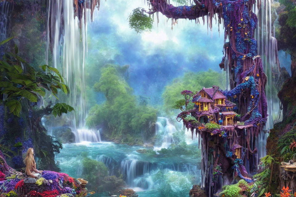 Lush Greenery and Whimsical Treehouse in Fantastical Waterfall Landscape