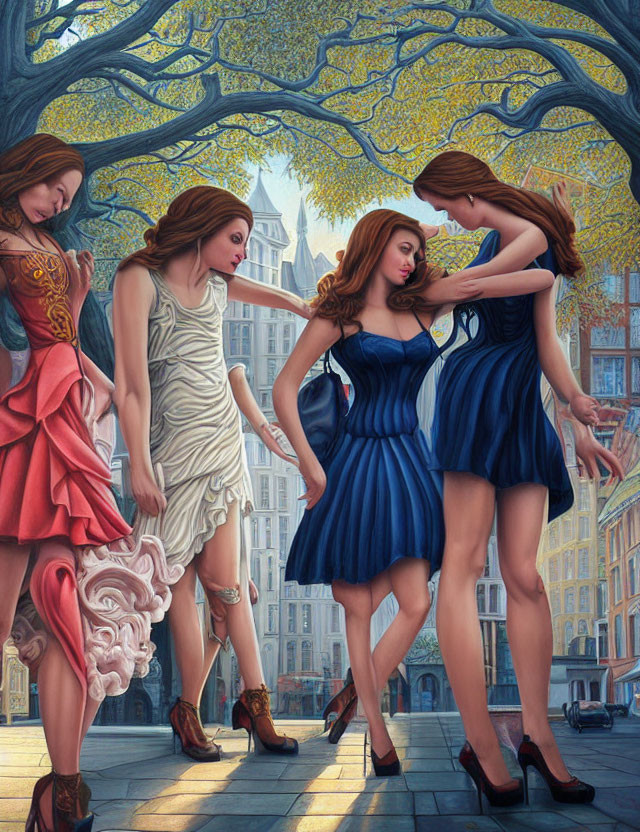 Four animated women in stylish dresses walking under tree-lined city street