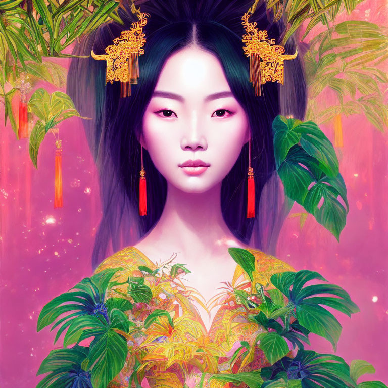 Vibrant digital artwork of a woman in traditional attire against pink flora background