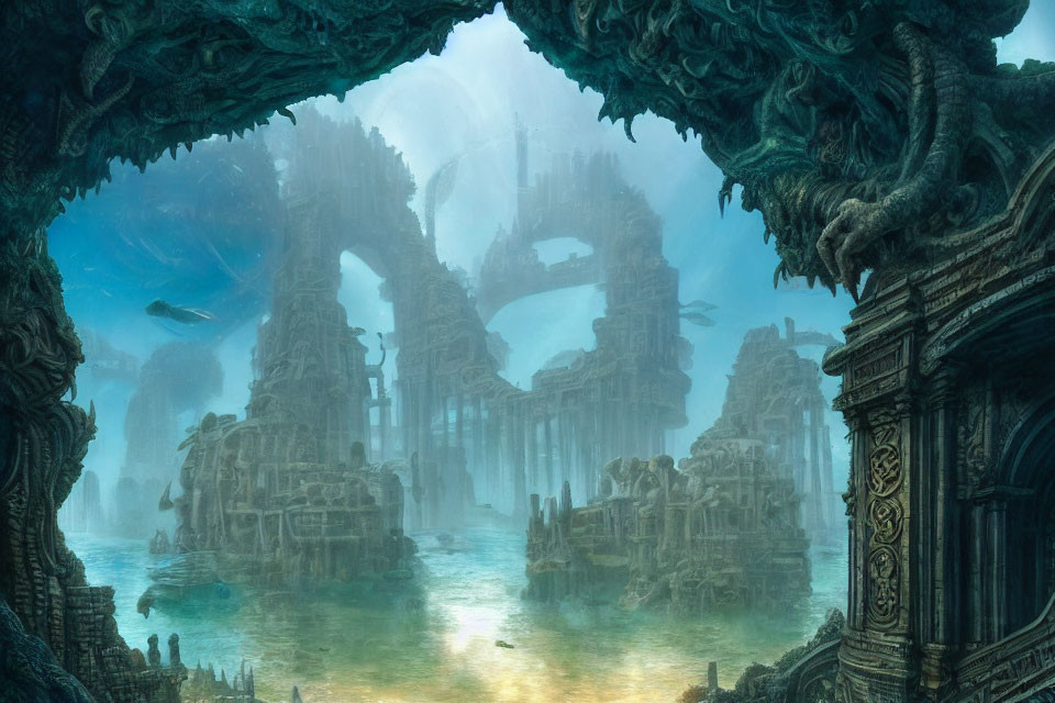 Ancient ruins and marine life in mystical underwater city