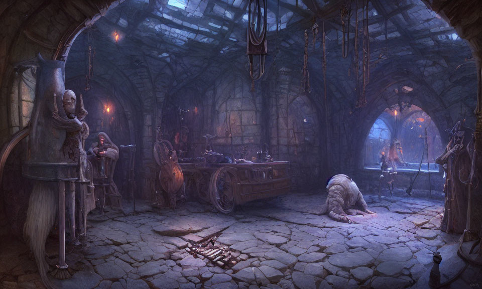 Fantasy-themed dungeon room with cloaked figure, armor, weapons, and creature