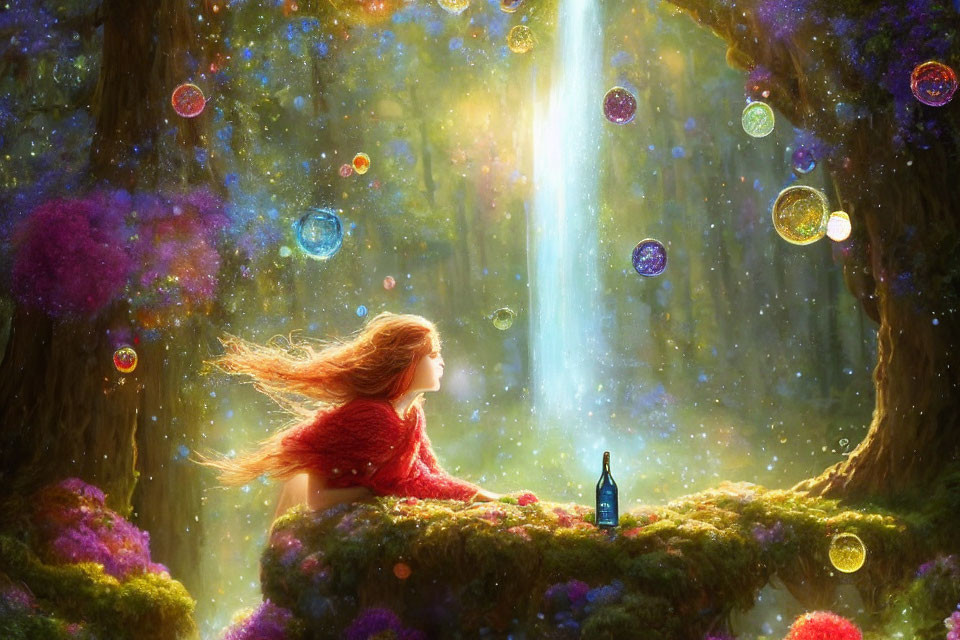 Young girl in red cloak in enchanted forest with colorful bubbles and radiant light
