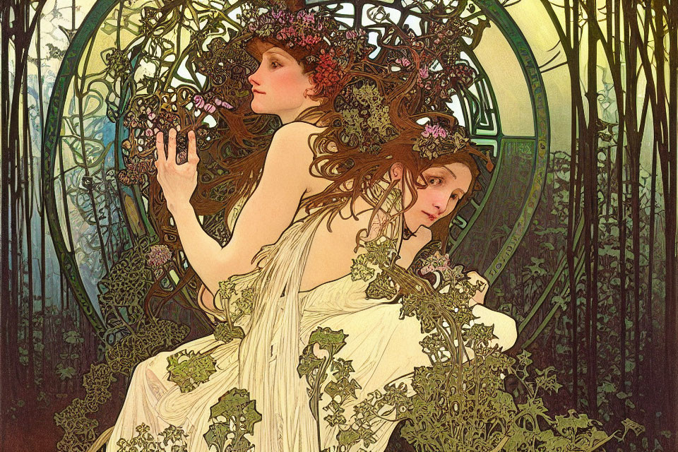 Ethereal women with floral crowns in Art Nouveau style illustration