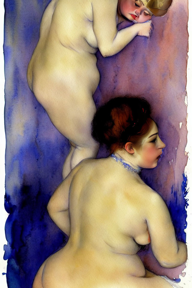 Stylized watercolor painting of two nude women in profile with blue and purple hues