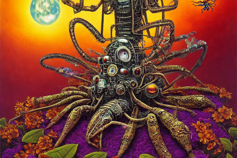 Colorful artwork: mechanical octopus among flowers under dual moons