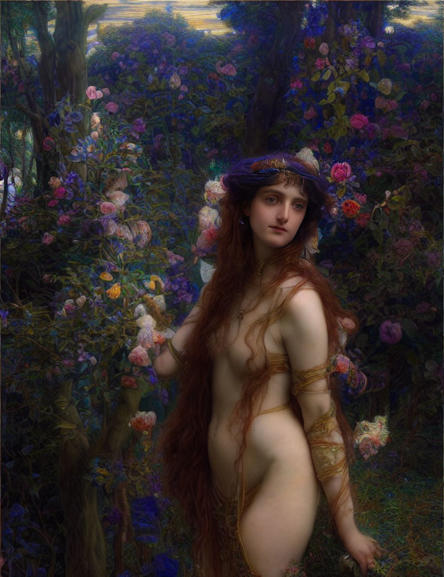 Nude woman with floral headpiece in colorful flower garden