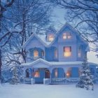 Clustered Fairytale Houses with Glowing Windows on Misty Blue Background