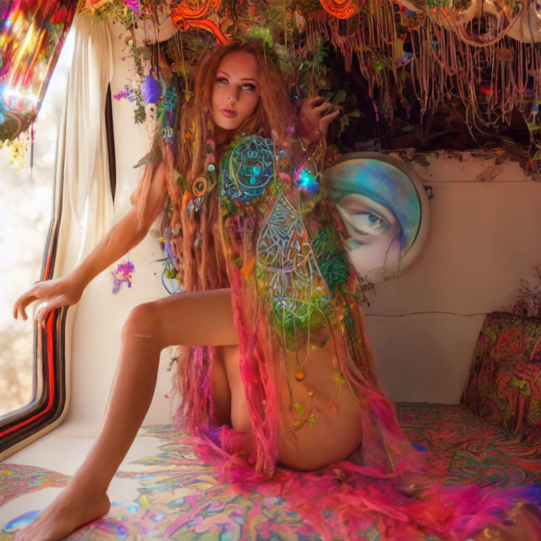 Colorful Body Paint in Psychedelic Bohemian Interior