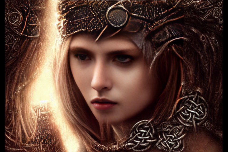 Intense gaze woman with ornate Celtic crown and mystical light glow