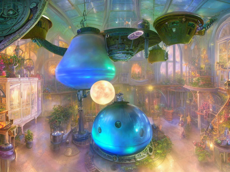 Vibrant indoor scene with futuristic spherical structures and abundant vegetation