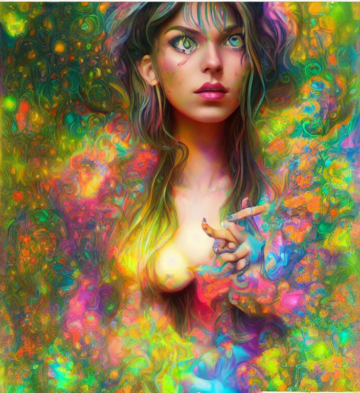 Vivid psychedelic portrait of a woman with swirling patterns
