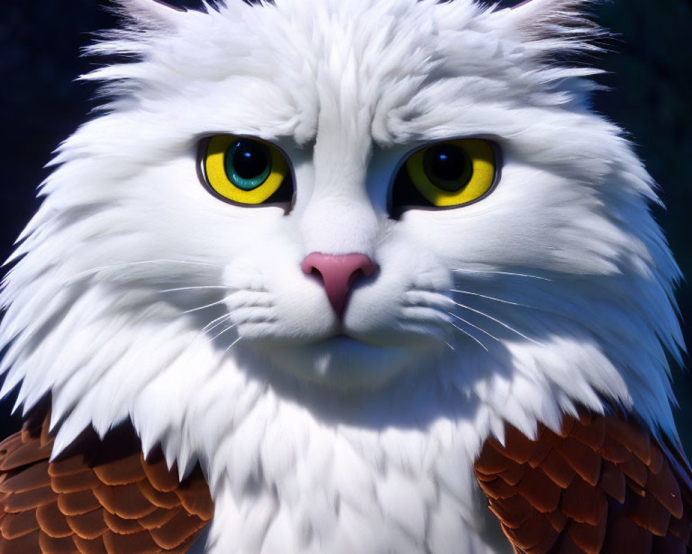 Fantasy white cat with yellow eyes and feathered wings
