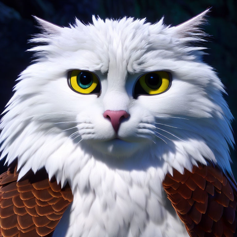 Fantasy white cat with yellow eyes and feathered wings
