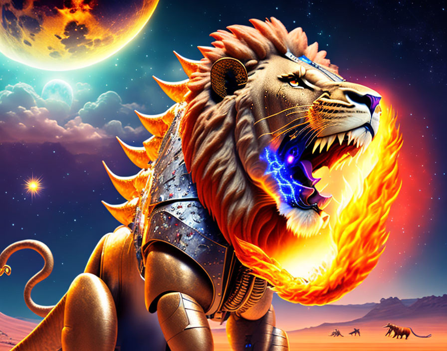 Fiery maned lion in armor under starry desert sky