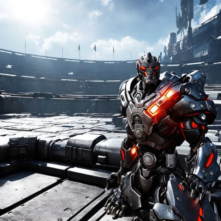 Futuristic arena scene with red-accented robotic character under blue sky