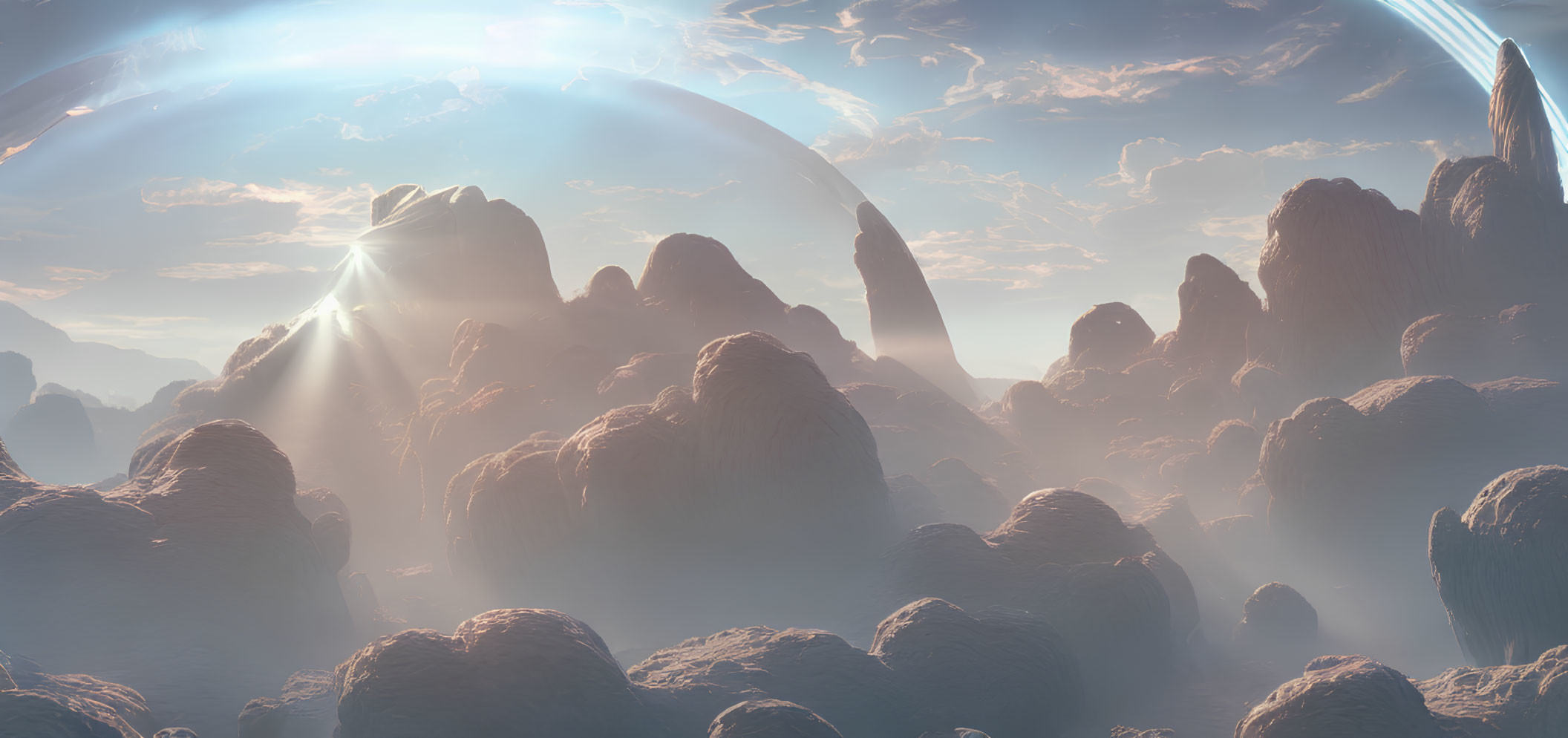 Misty mountains and ringed planet in serene landscape