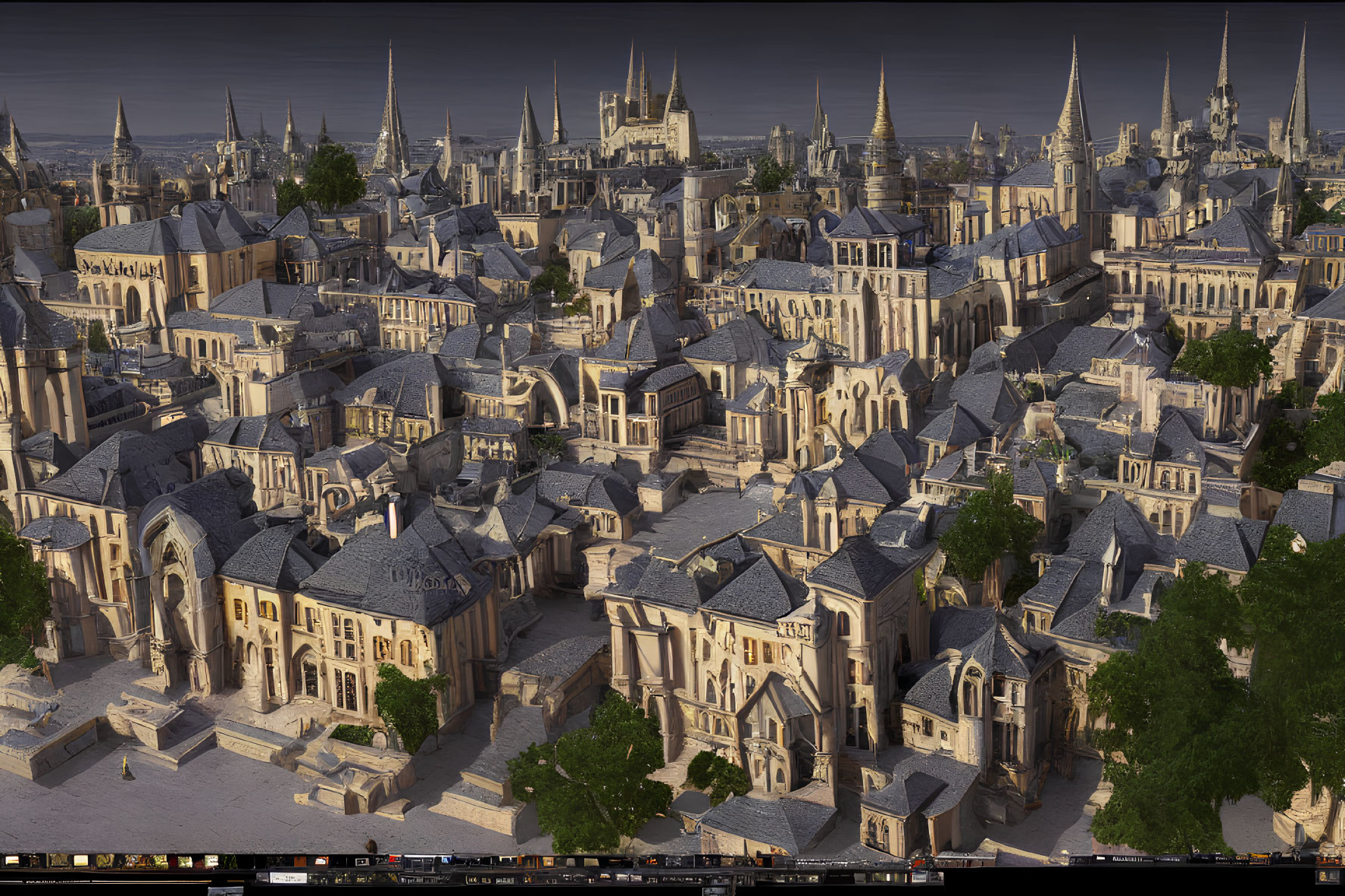 Detailed CG render of medieval cityscape with Gothic buildings, cobblestone streets, and golden dusk light