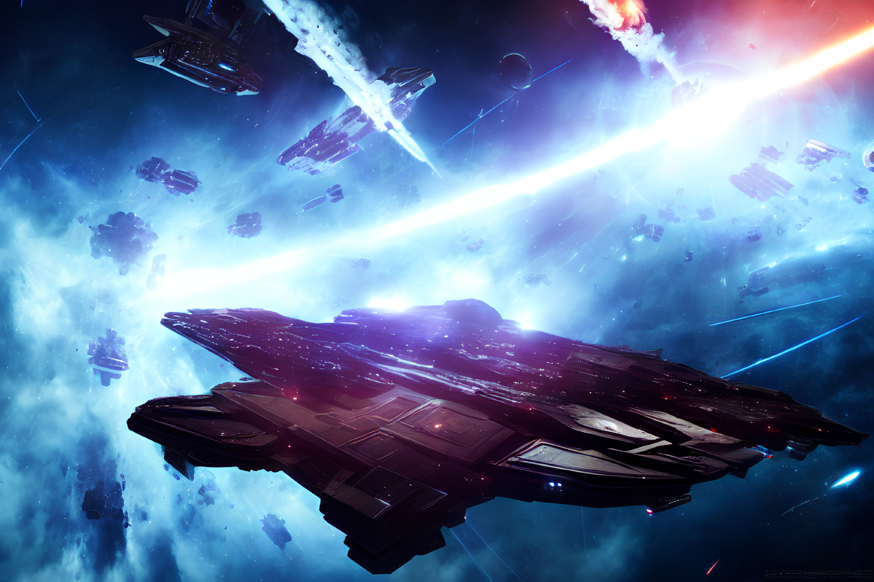 Futuristic space battle with vibrant cosmic backdrop and energy beams