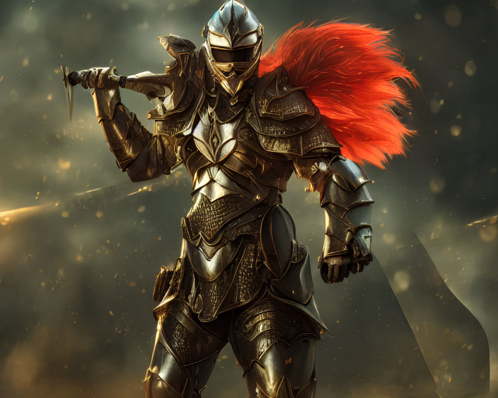Knight in ornate armor with red plume helmet on fiery battlefield
