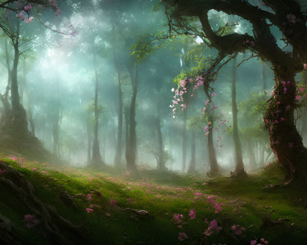 Misty forest scene with pink flowers and lush greenery