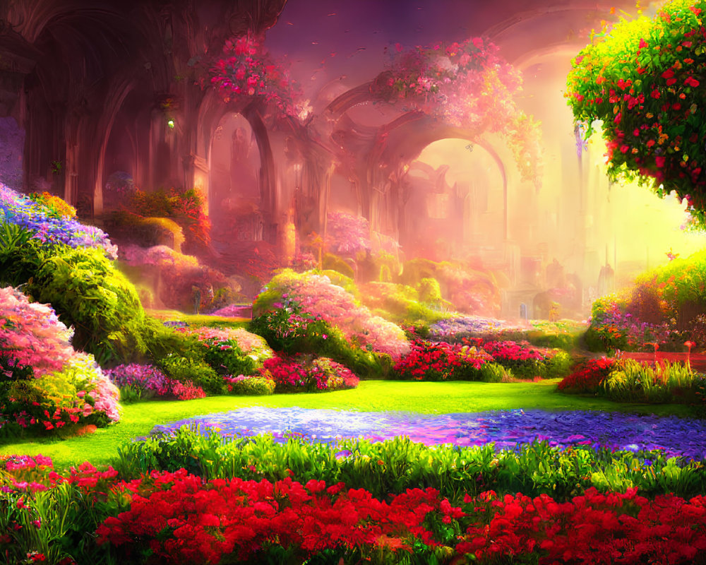Lush Fantasy Garden with Blooming Trees and Pathway