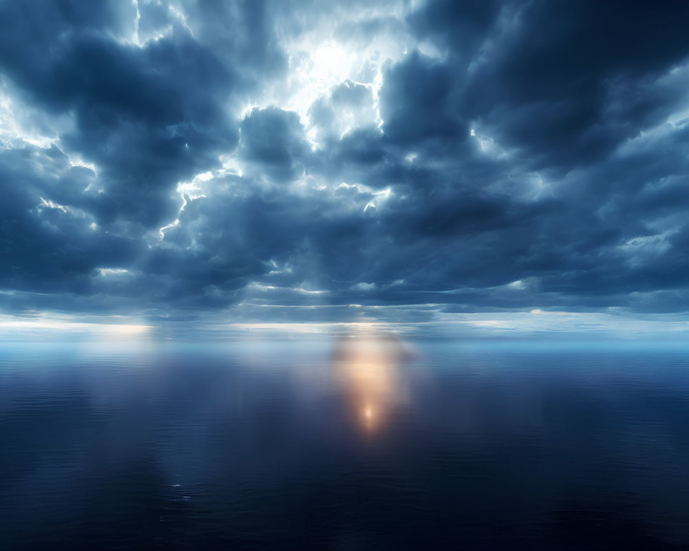 Dramatic seascape with dark clouds and sunlight reflection