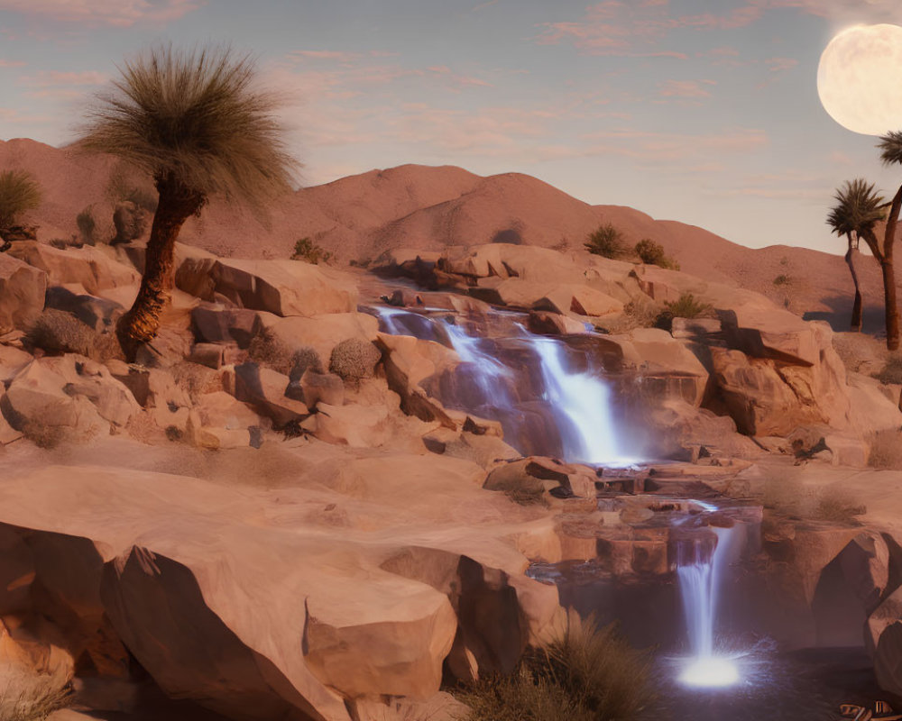 Tranquil desert waterfall with palm trees under moonlit sky