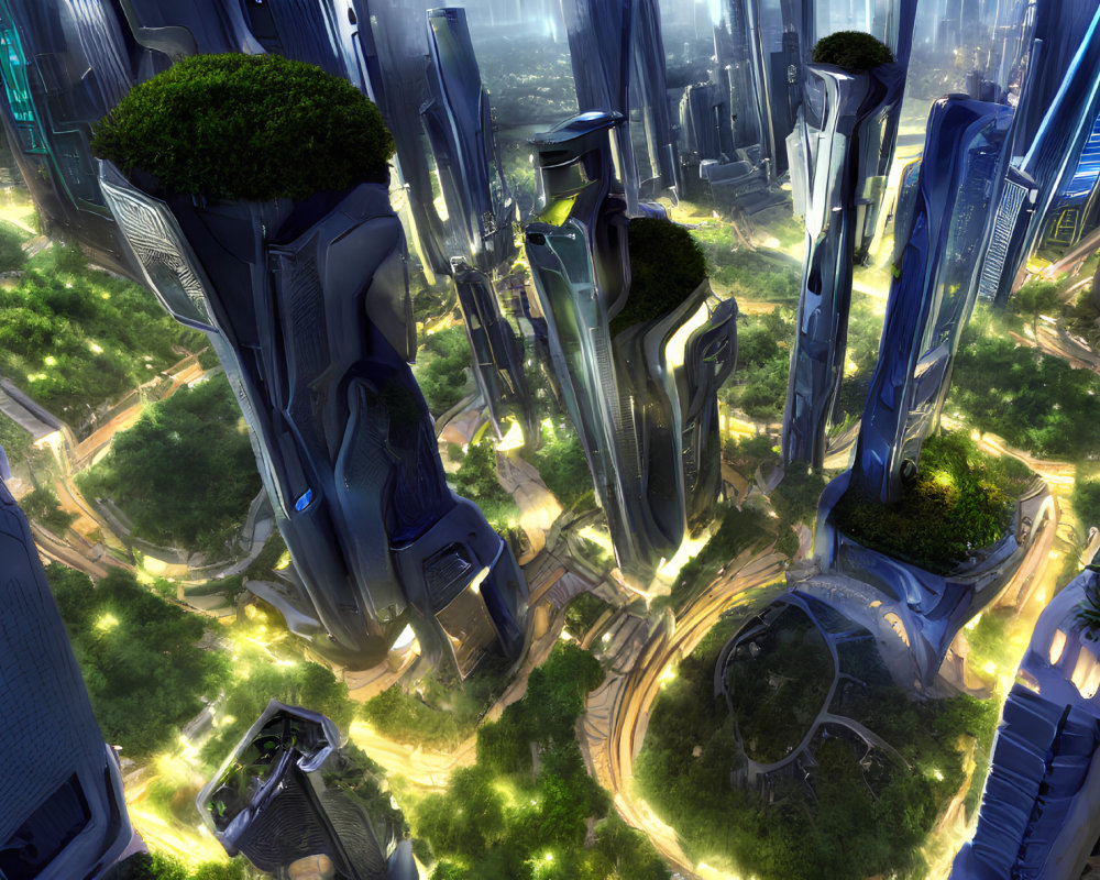 Futuristic cityscape with towering greenery-adorned skyscrapers and advanced urban architecture