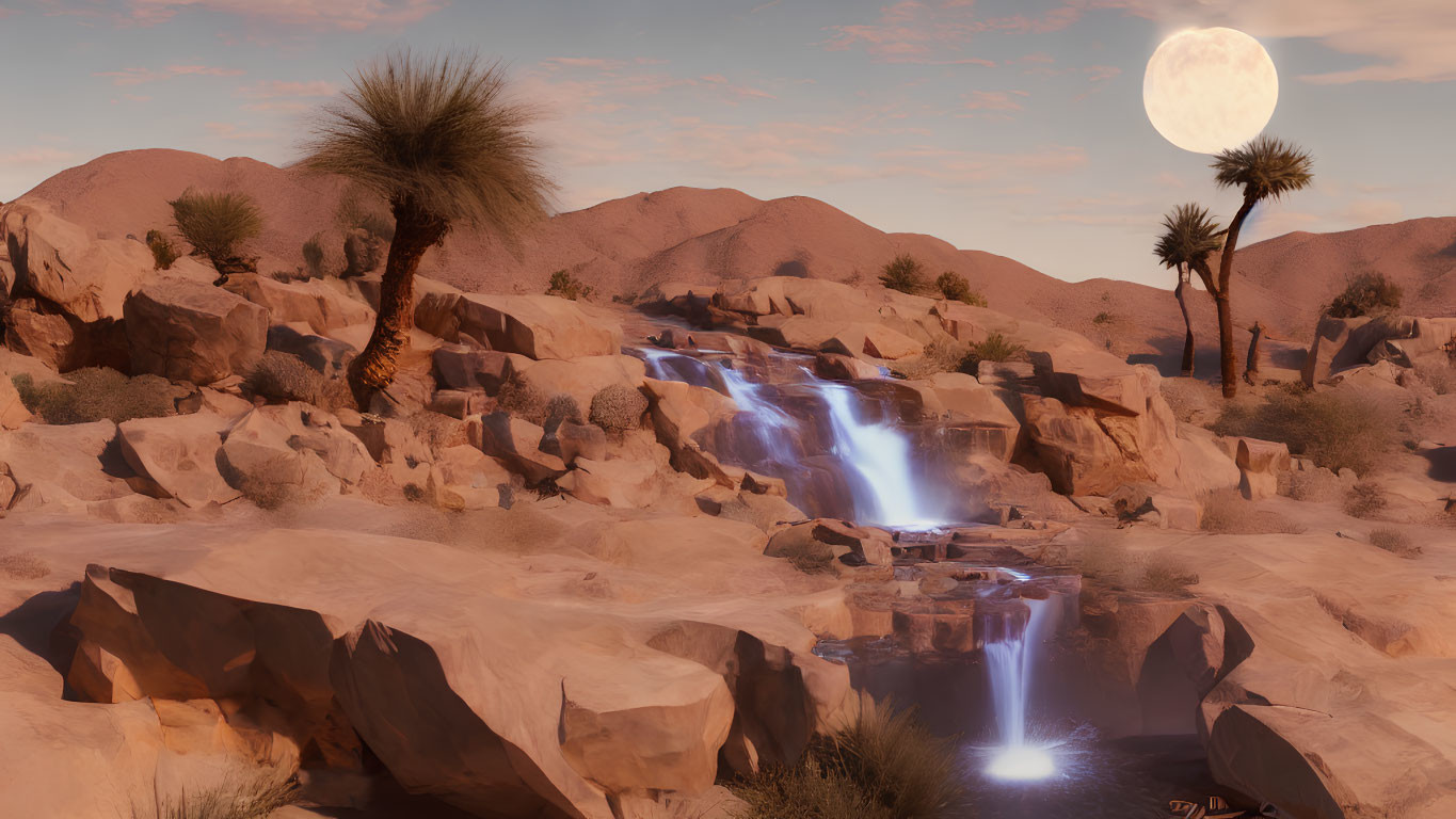 Tranquil desert waterfall with palm trees under moonlit sky