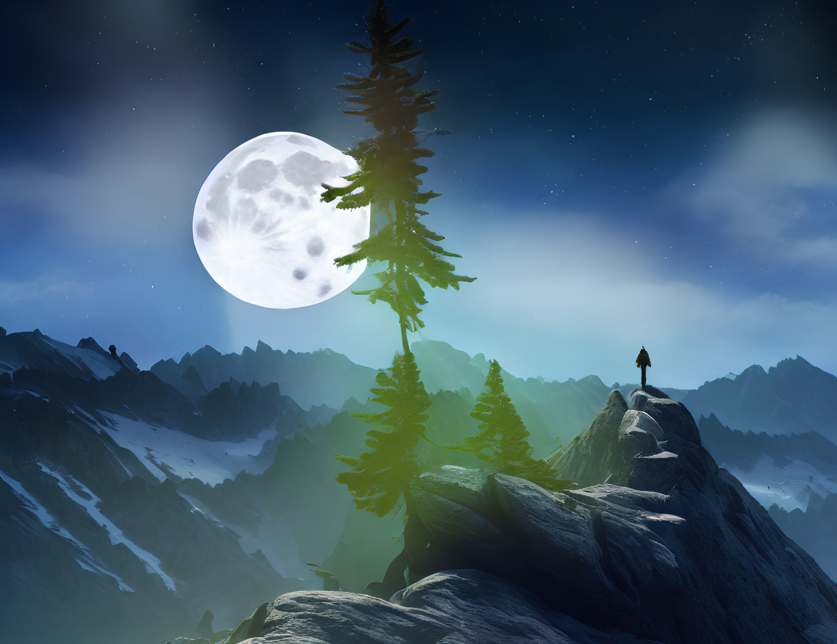 Person standing on mountain peak under starry sky with full moon and towering pines
