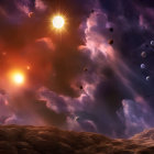 Sci-fi scene: Spaceships over alien planet with nebula, stars, and three suns