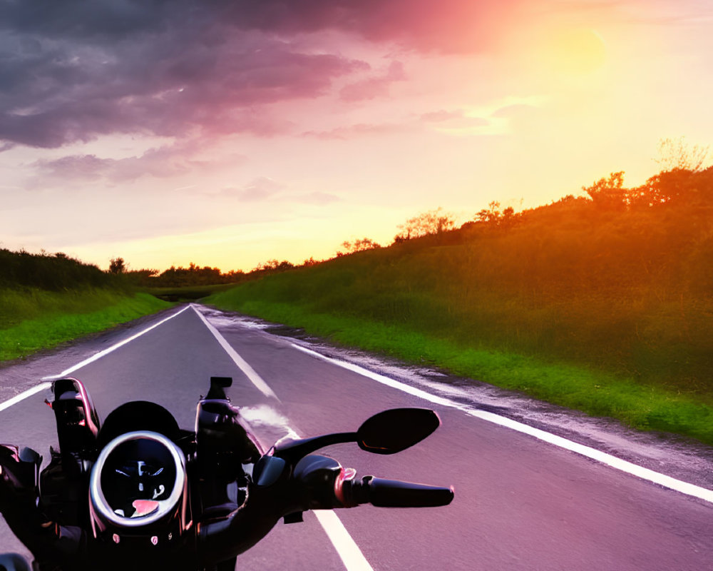 Motorcycle parked on road at sunset with vibrant pink and orange skies