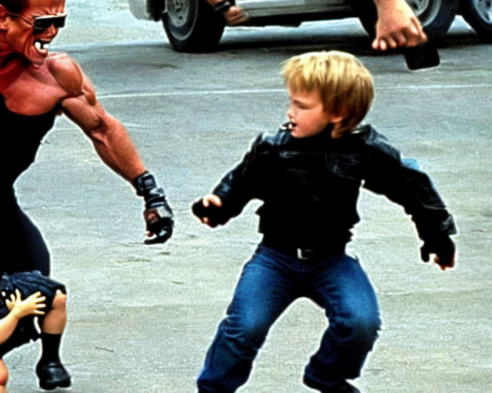Child in black outfit confronts smiling, muscular adult in sunglasses