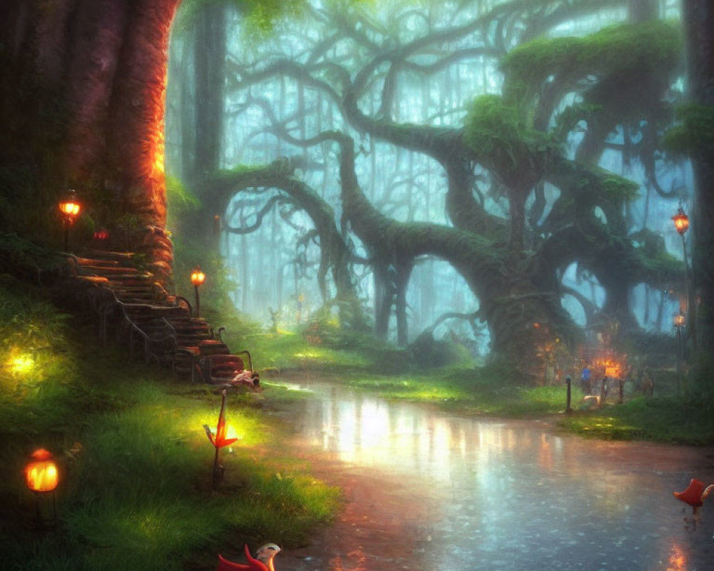 Enchanted forest with luminous trees, cobblestone stairway, glowing lanterns, mystical