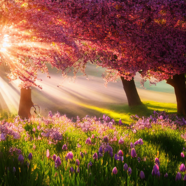 Sunbeams through cherry blossoms on purple flower carpet