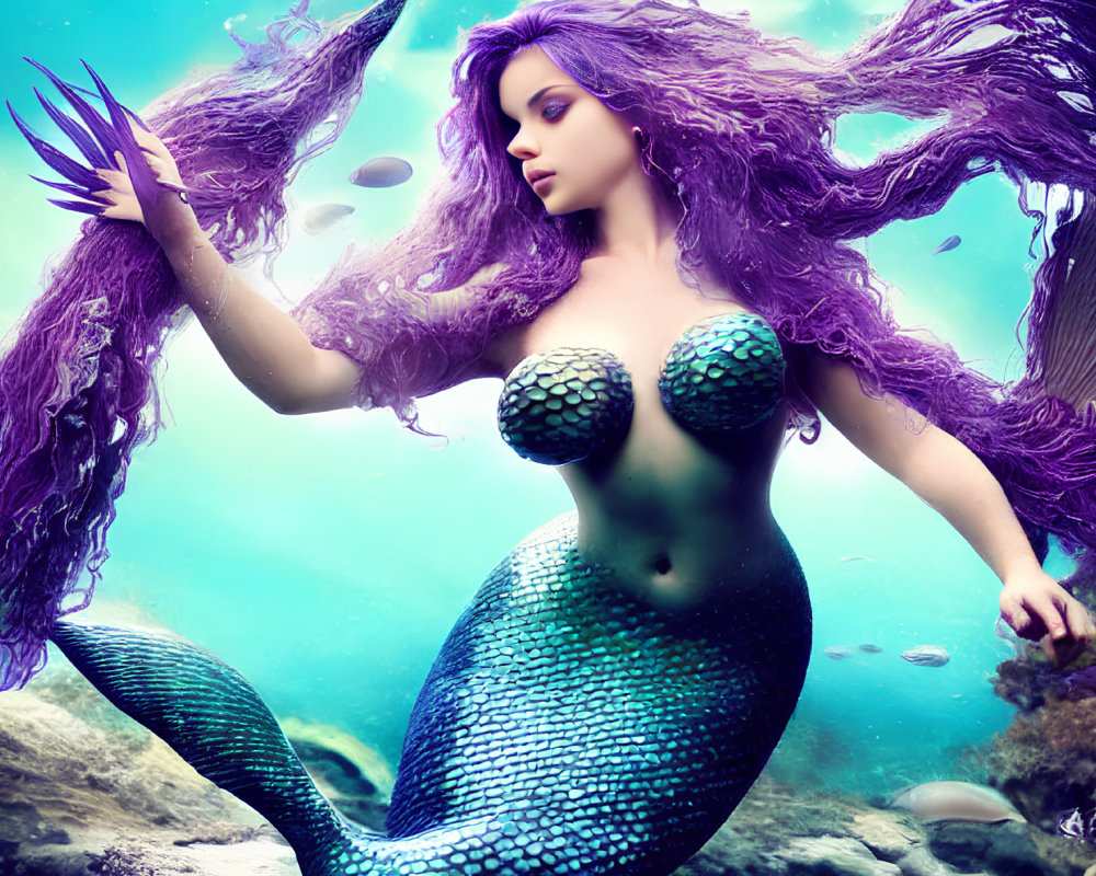 Mermaid with Long Purple Hair and Green Tail Among Underwater Rocks