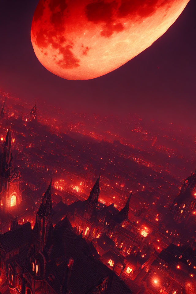 Dystopian cityscape with gothic architecture under red moon