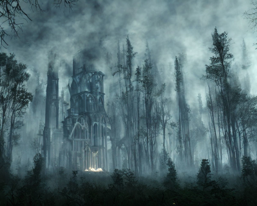 Mysterious Gothic Castle in Haunting Forest