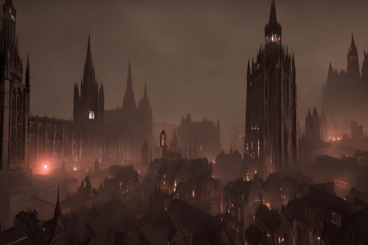 Gothic cityscape at night with fog and cathedral spires