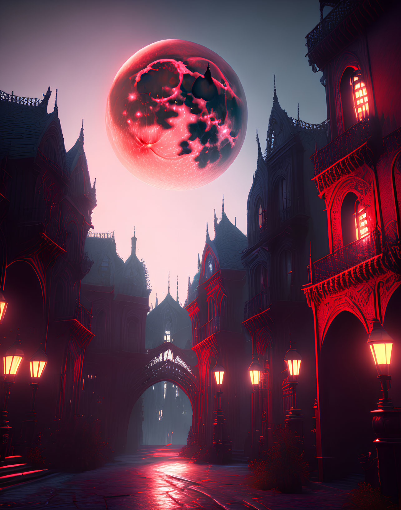 Gothic cityscape at dusk with towering spires and red illuminated windows