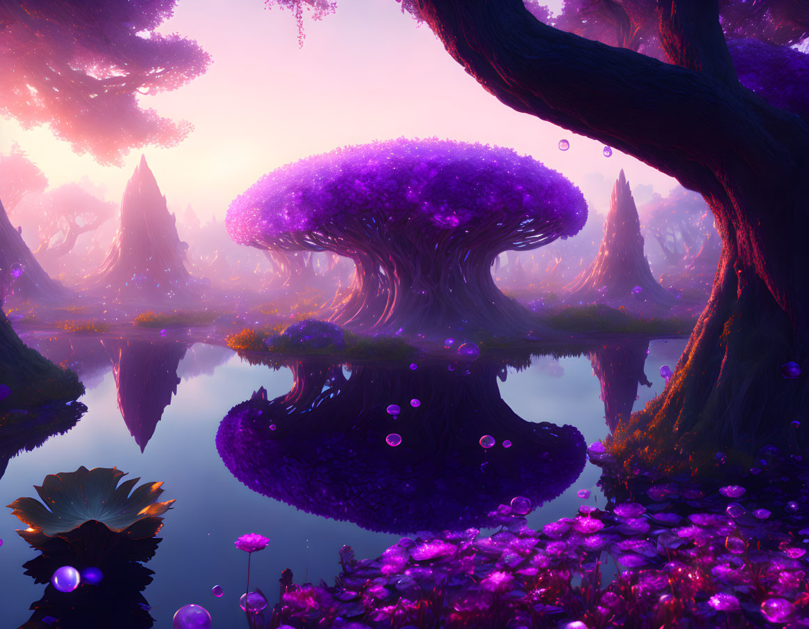 Fantasy landscape with purple flora, whimsical trees, and reflective lake