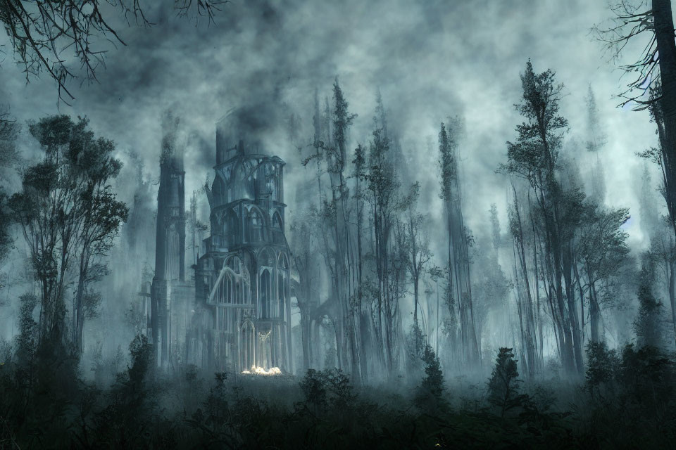 Mysterious Gothic Castle in Haunting Forest