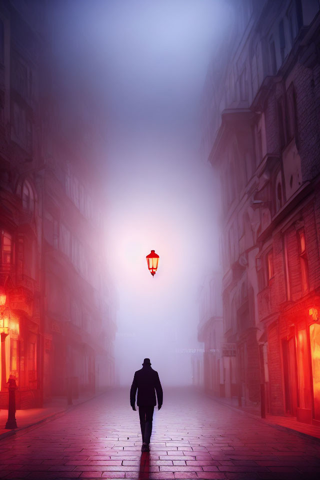 Solitary figure walking to glowing street lamp on misty cobblestone street