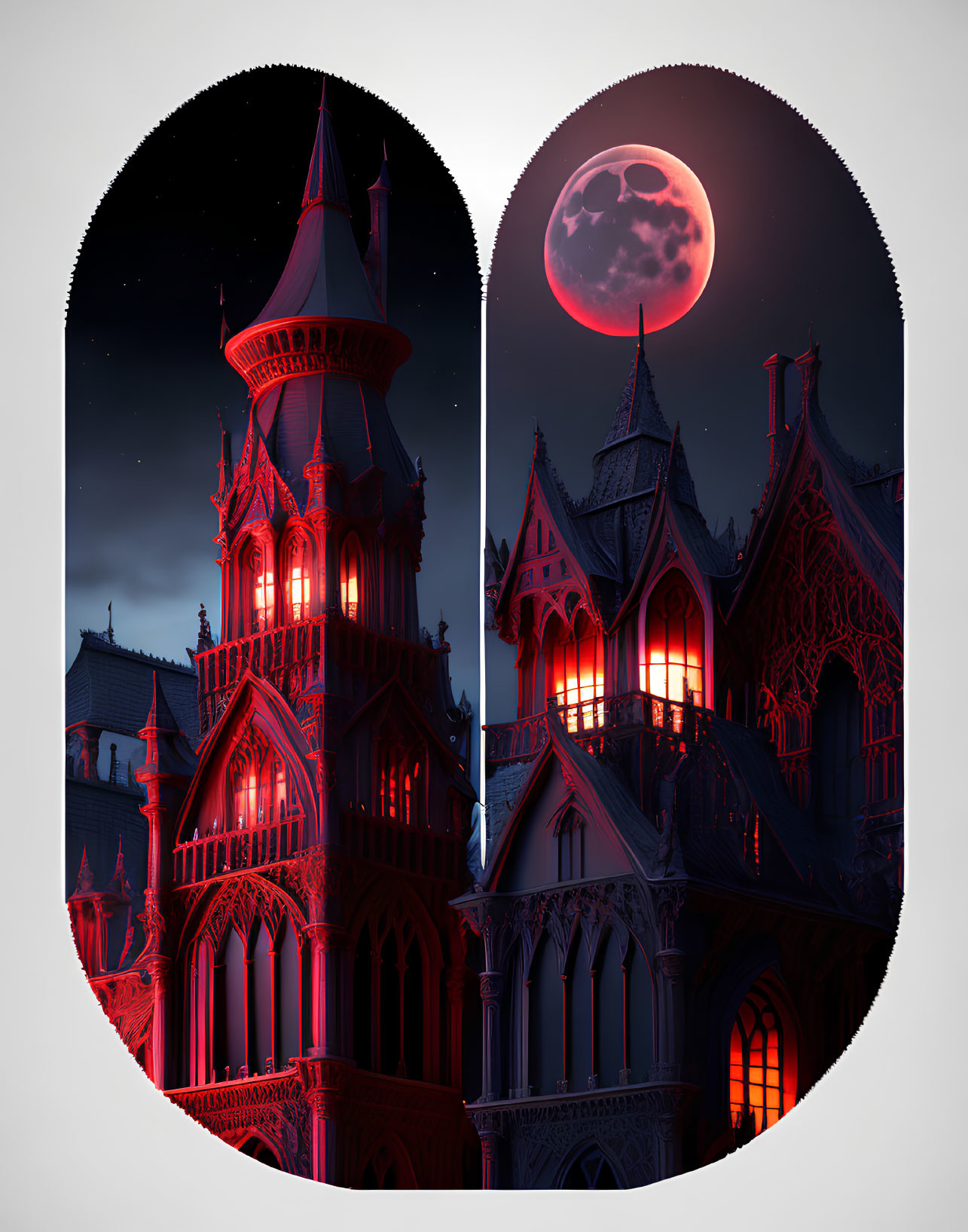 Gothic castle at night with illuminated windows under moonlit sky in rounded frame