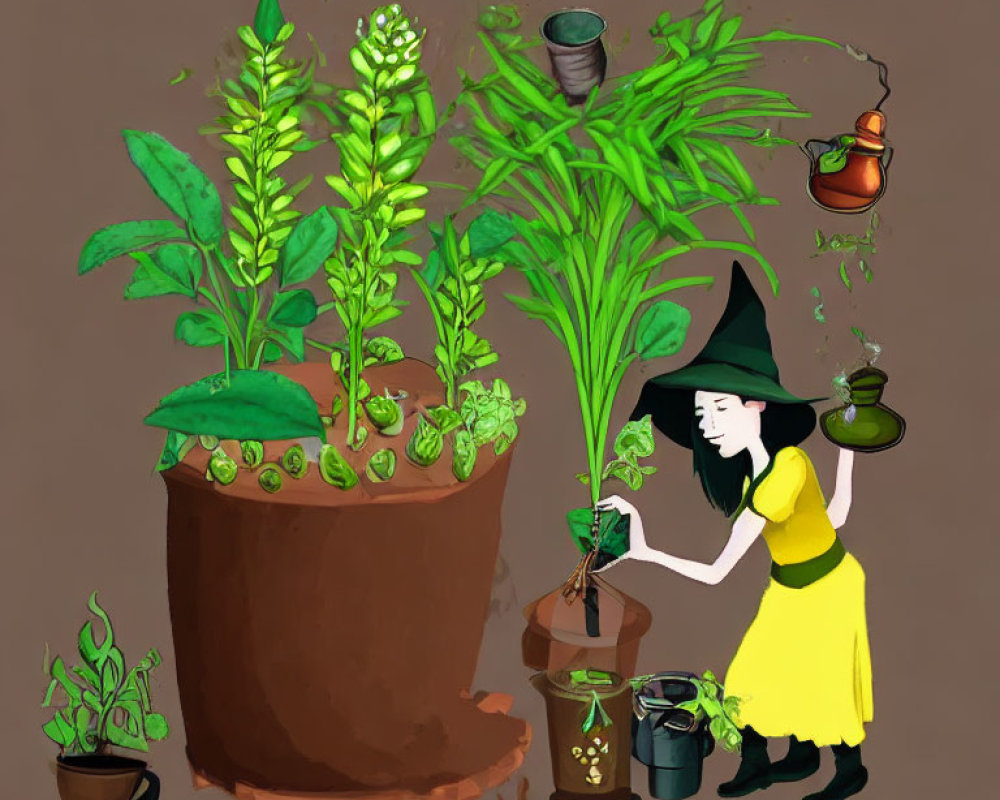Cartoon witch in yellow dress and green hat with oversized plants and magical potions.