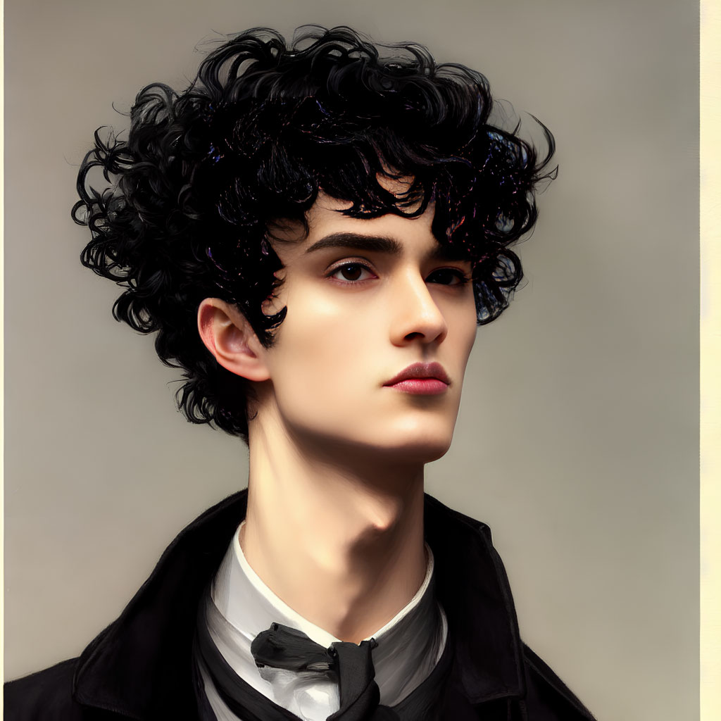 Portrait of young man with curly black hair in black coat and bow tie