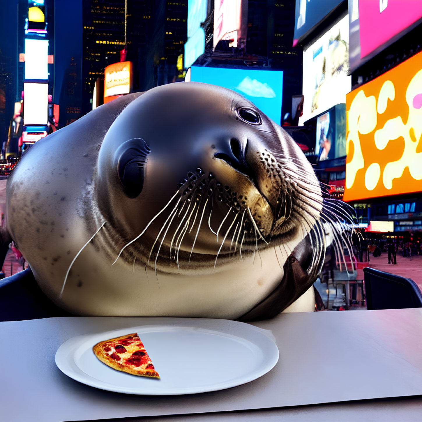 Glossy-eyed seal with pizza in Times Square neon lights