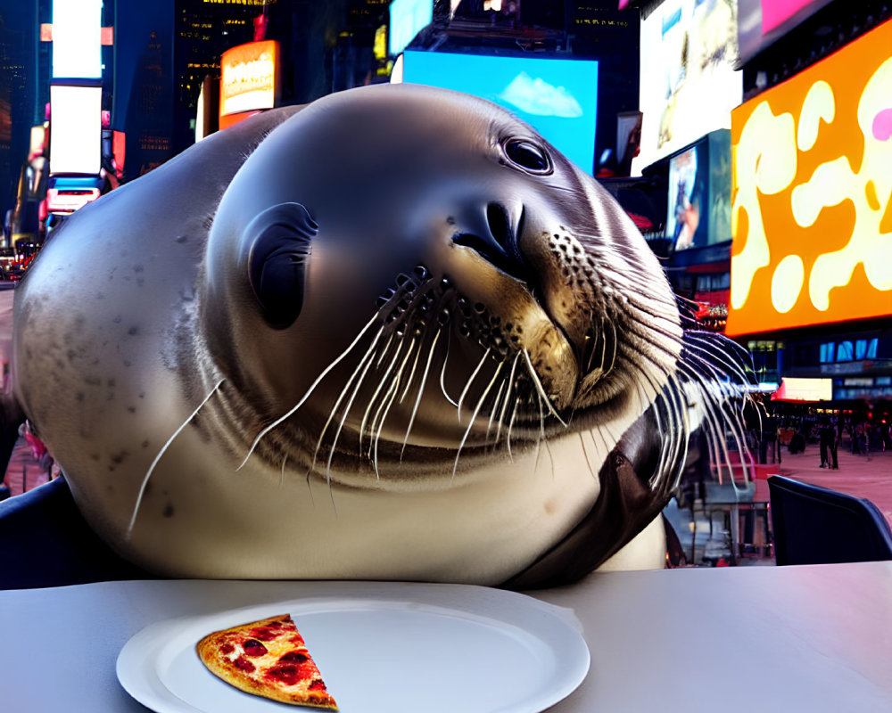 Glossy-eyed seal with pizza in Times Square neon lights