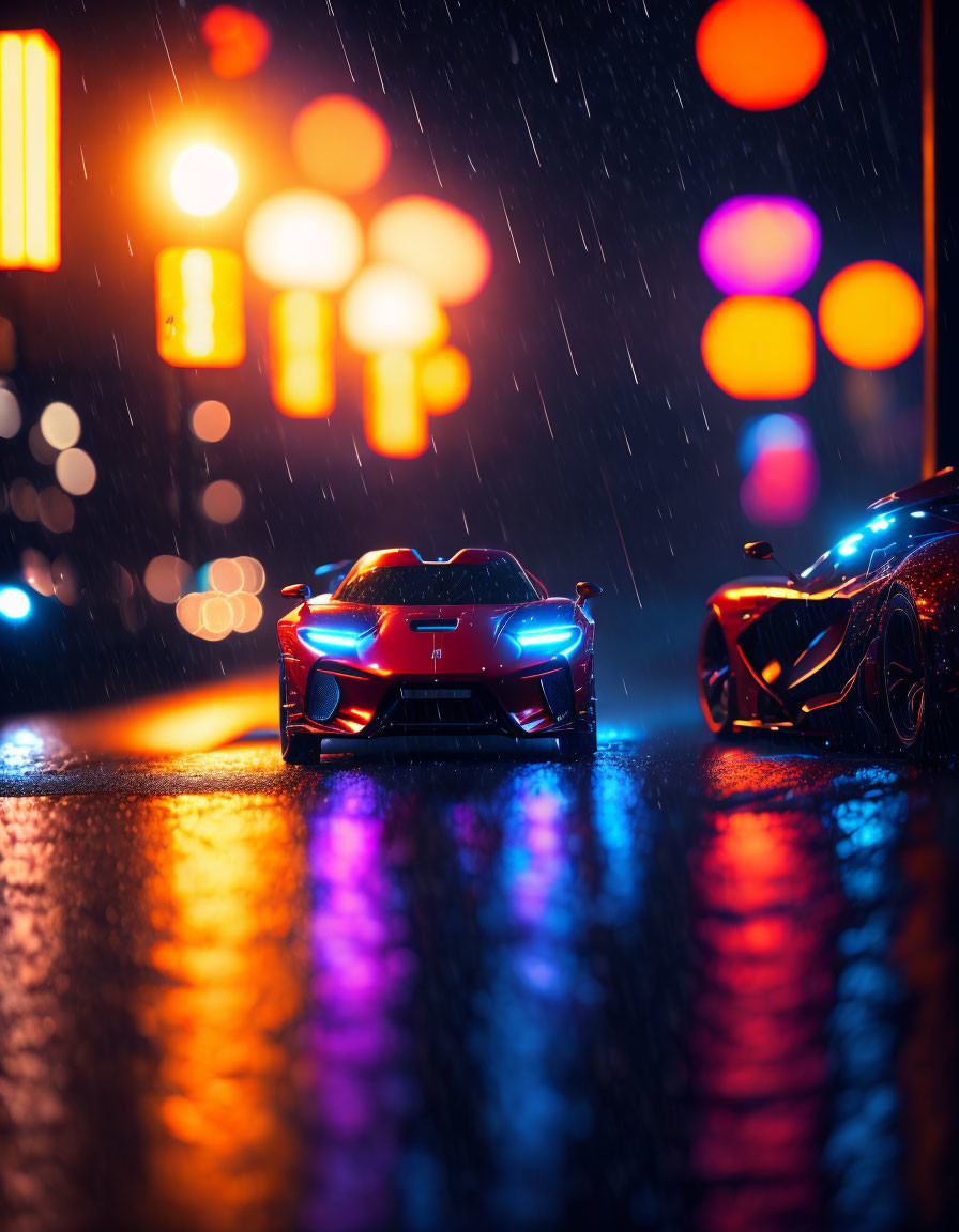 Сars in the Rain at Night