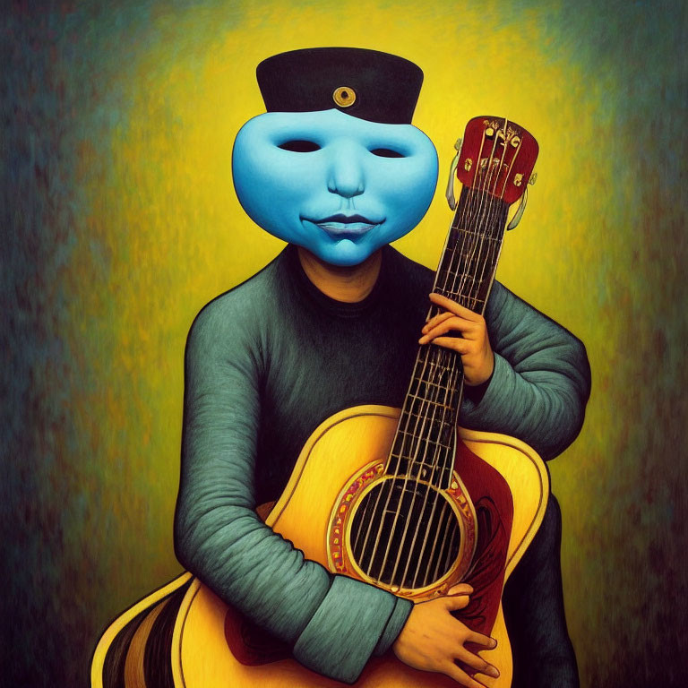 Surreal painting of person with blue mask and guitar on vibrant background